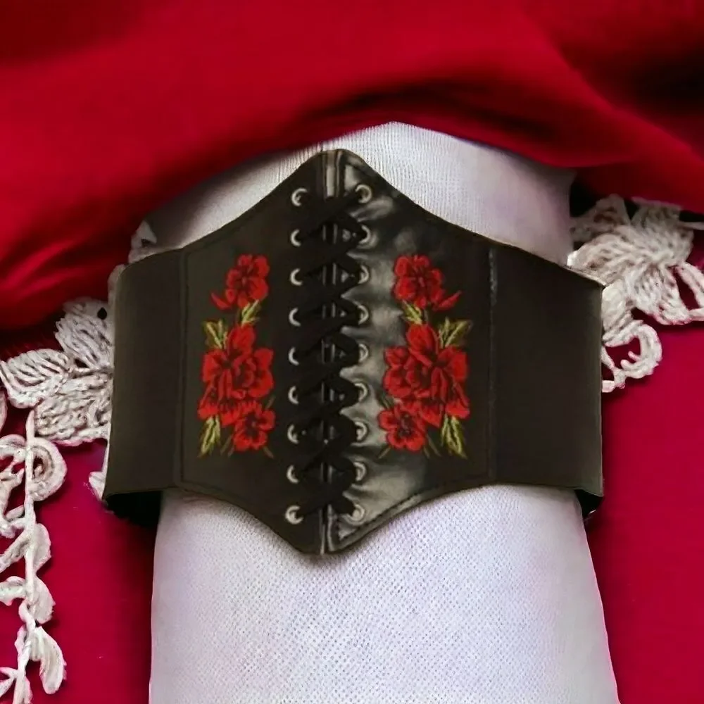 Gothic Corset Belt Black Faux Leather Red Rose Lace Up Waist Cincher Medieval